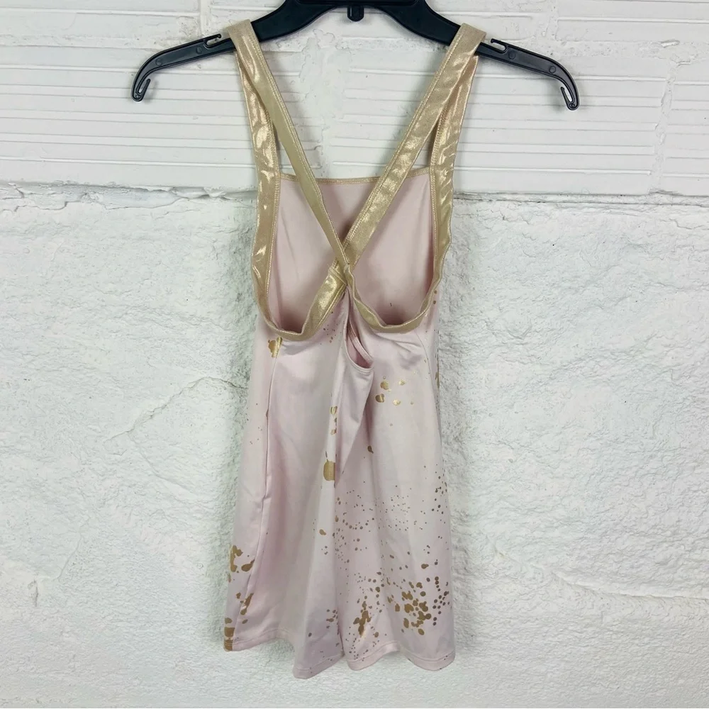Justice light pink and golden splatter print stretch gymnastics, Roper onesie XL